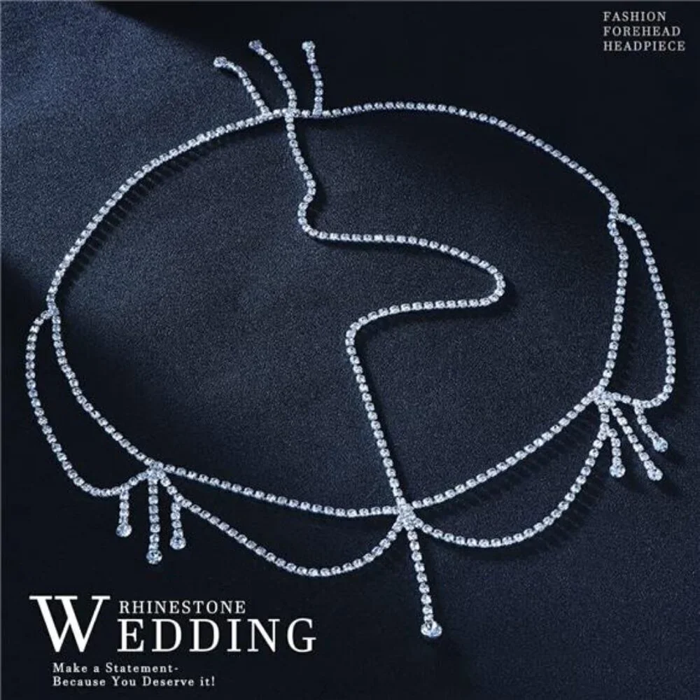Festivals Bridal Layered Rhinestone Head Chain Headpiece Boho Tassel Forehead